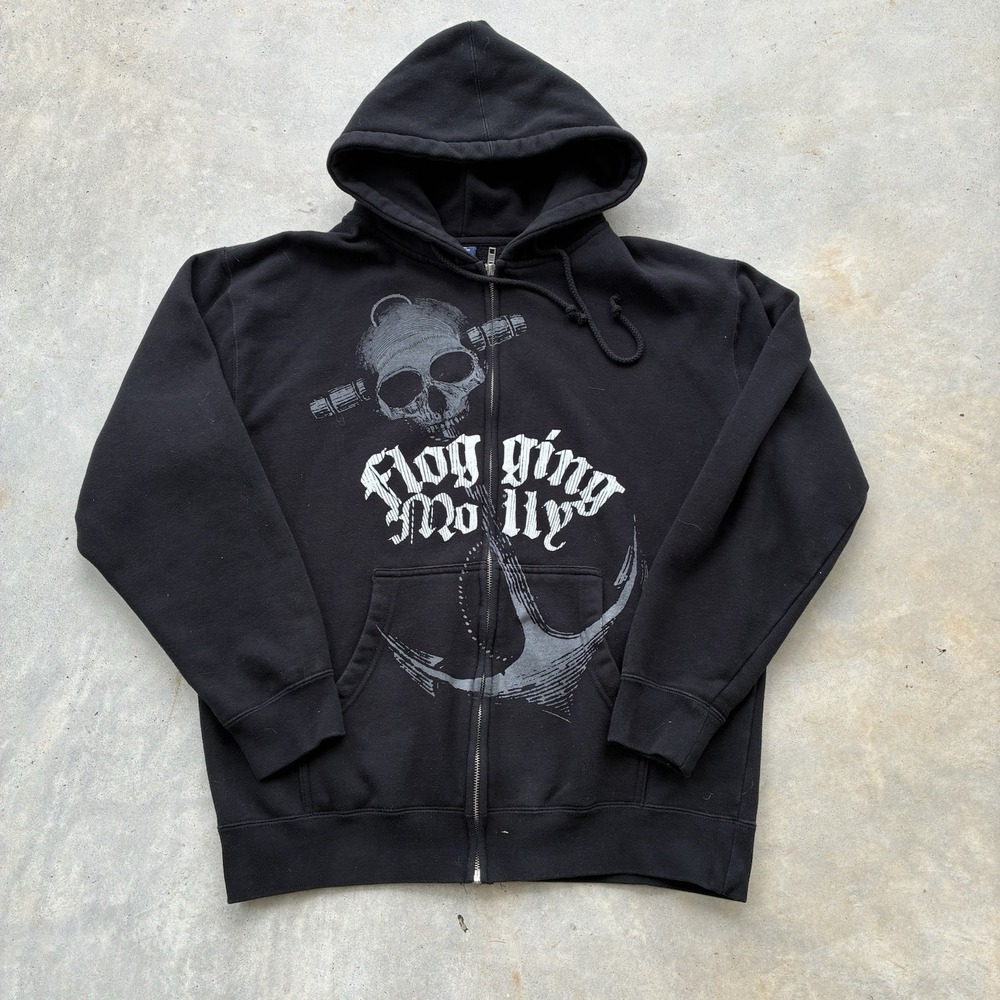 Flogging Molly Black Medium Band Vtg Y2K Full Zip Hoodie Celtic Punk Music Irish
